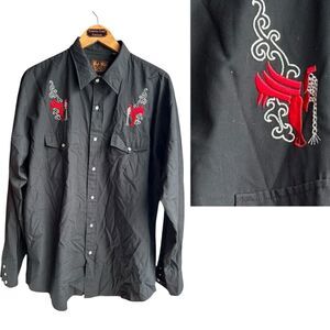Vintage BJ-R Western Wear Black Embroidered Pearl Snap Form Fit Western Shirt L